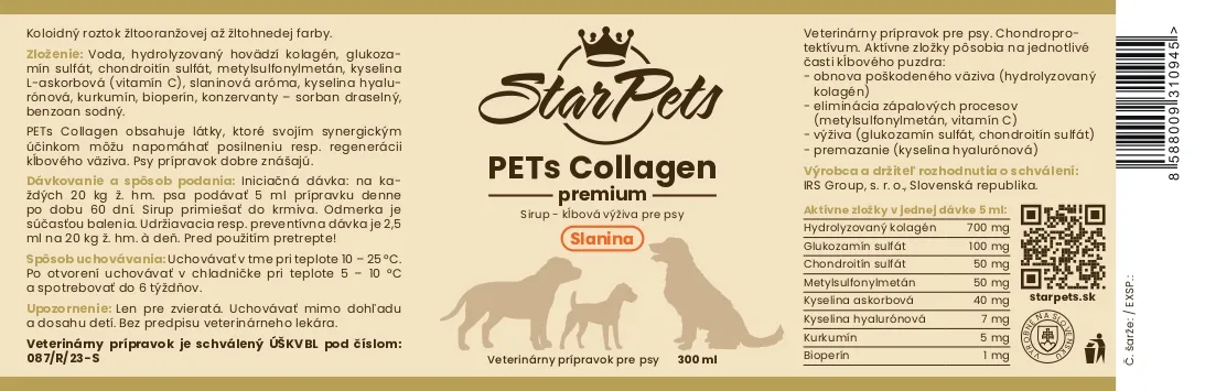 PETs Collagen premium SLANINA 1×300 ml, kĺbová výživa pre psy