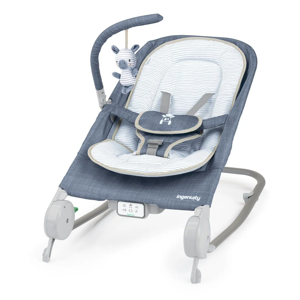 Lehátko masážne vibrujúce s melódiou Happy Belly™ Rock-to-Bounce – Chambray 0m+ do 9kg