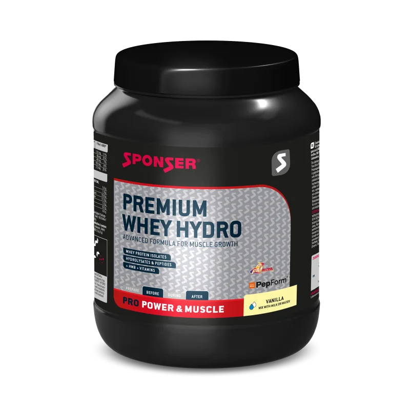 SPONSER PREMIUM WHEY HYDRO 850g vysokokvalitná tréningová podpora v oblasti silových a vytrvalostných športov, ale aj pre aktívnych ľudí a rekonvalescentov so zvýšenou potrebou bielkovín, srvátkový proteín pre efektívny rast svalov doplnenú o HMB Príchuť vanilka