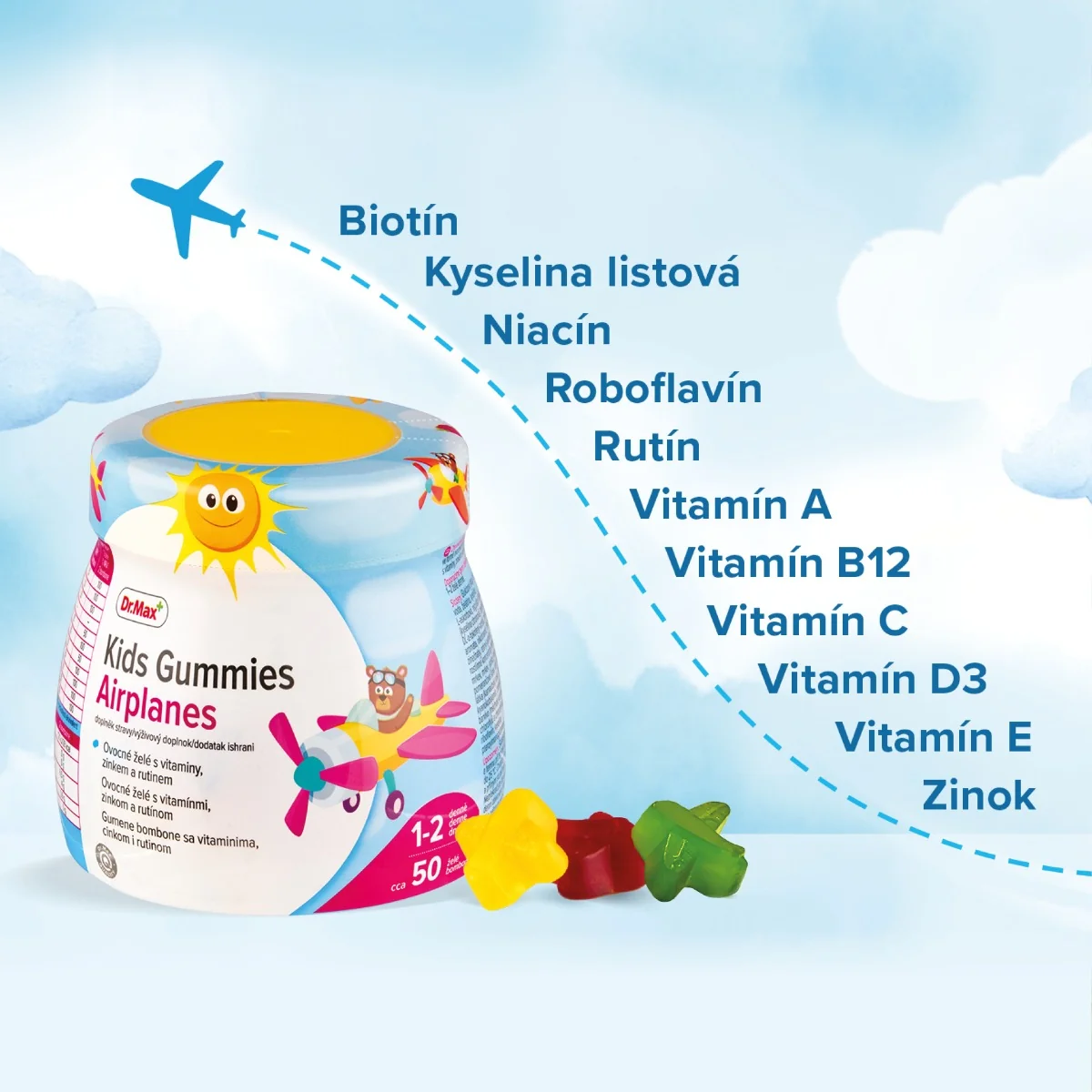 Dr. Max Kids Gummies Airplanes 1×50 ks, ovocné želé s vitamínmi, zinkom a rutínom