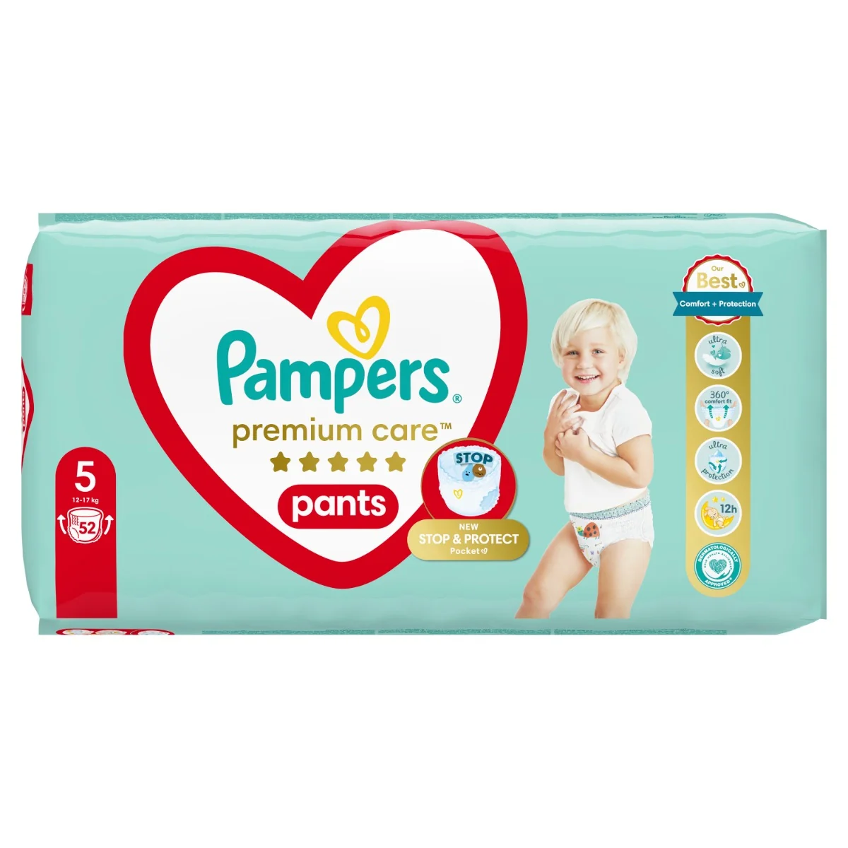 Pampers Premium Care plienkové nohavičky veľkosť 5, 52 ks, 9kg-17kg 1×52 ks, plienkové nohavičky