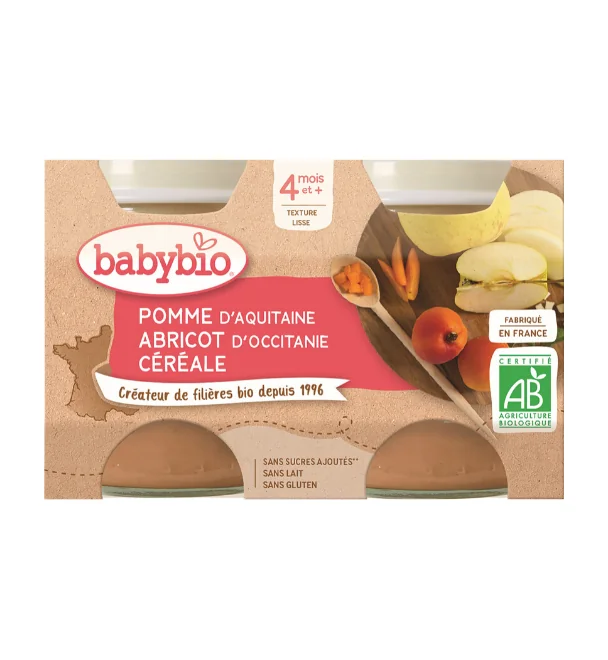 BABYBIO Príkrm jablko, marhuľa, cereálie (2x 130 g)