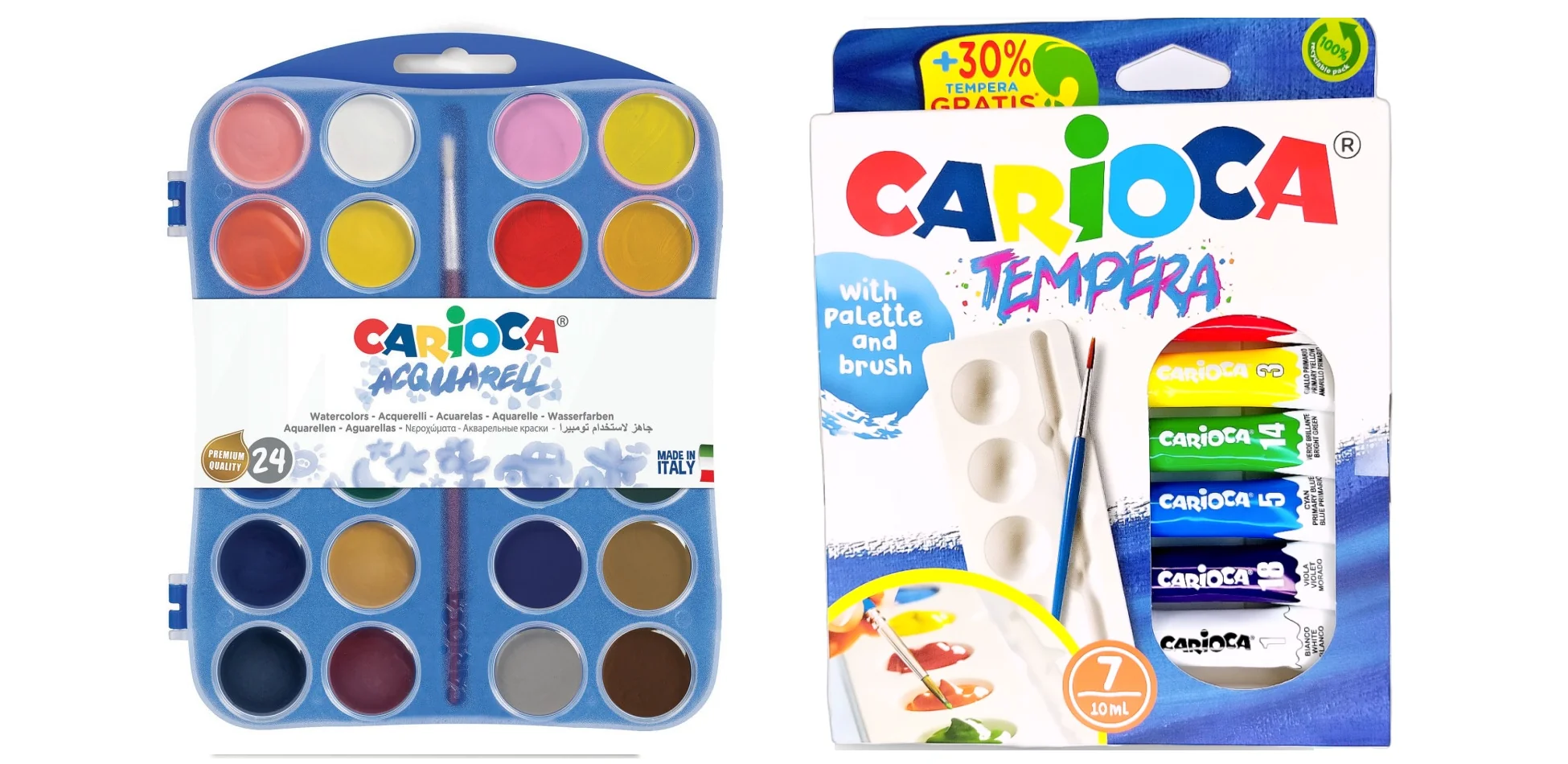 Vodové farby 24 ks-CARIOCA + Temperové farby Carioca 10 ml 7 ks + paleta + štetec zdarma-CARIOCA