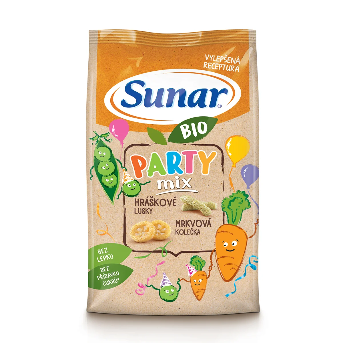 Sunar BIO Chrumky Party mix 1×45 g, hráškové struky a mrkvové kolieska, 12m+