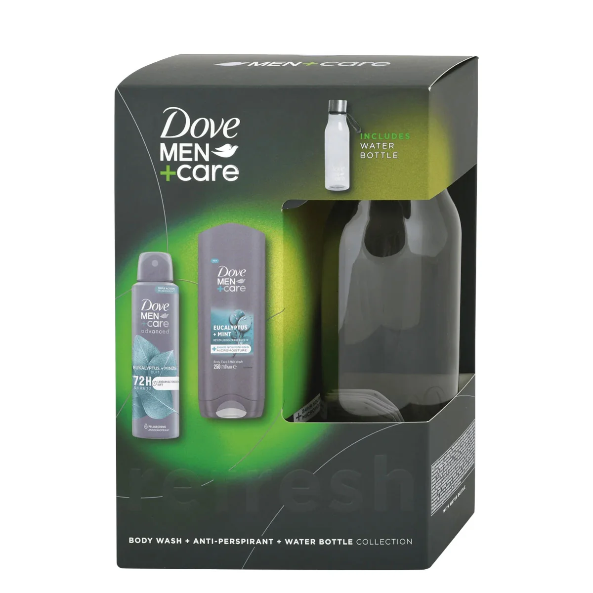 DOVE darčeková kazeta Eukalyptus (Dove sprchový gél Eukalyptus 250ml + Dove deodorant v spreji Eukalyptus 150ml + fľaša na vodu 400ml)