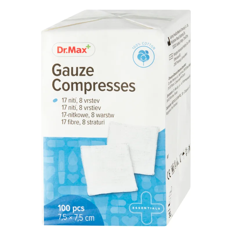 Dr. Max Gauze Compresses 1×100 ks, nesterilné gázové kompresy 7,5 × 7,5 cm