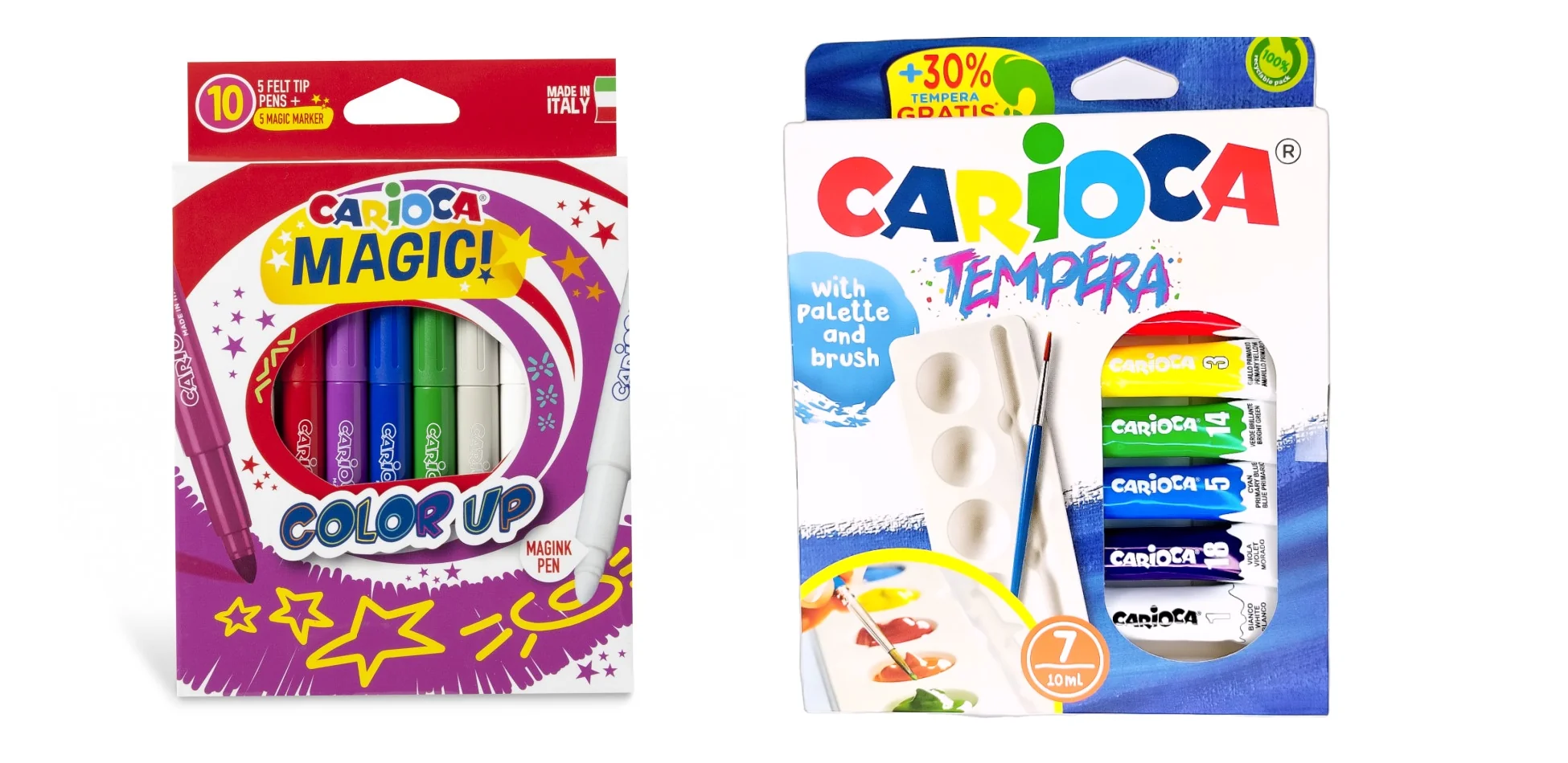 Temperové farby Carioca 10 ml 7 ks + paleta + štetec zdarma-CARIOCA + Magické popisovače- fixky 10 ks-CARIOCA 