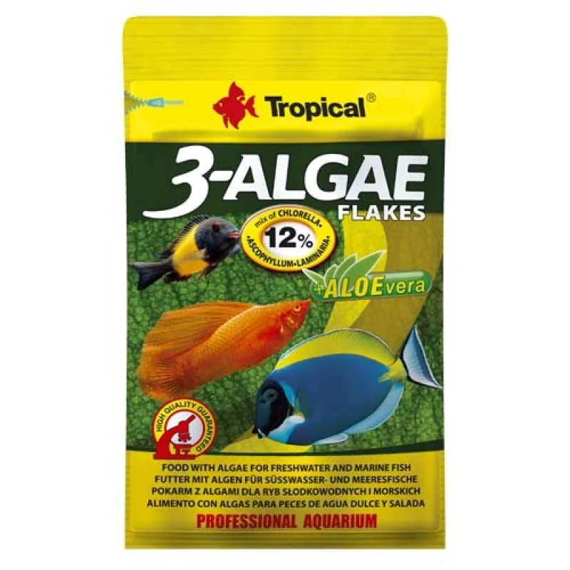 TROPICAL 3-Algae Flakes 12g krmivo s riasami pre sladkovodné a morské ryby 