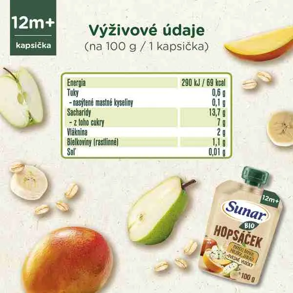 SUNAR BIO HOPSACEK mango, banán, hruška, jablko, ovos 1×100 g, ovocný príkrm