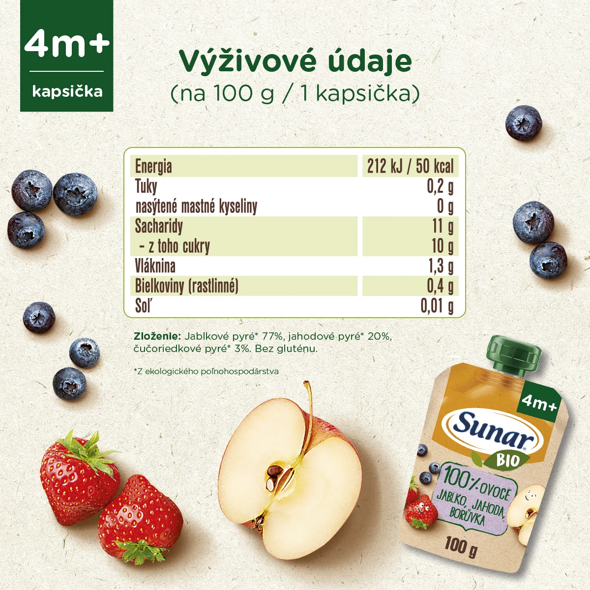 Sunar BIO Kapsička Jablko, jahoda, čučoriedka 1×100 g, ovocný príkrm (100% ovocia), 4m+