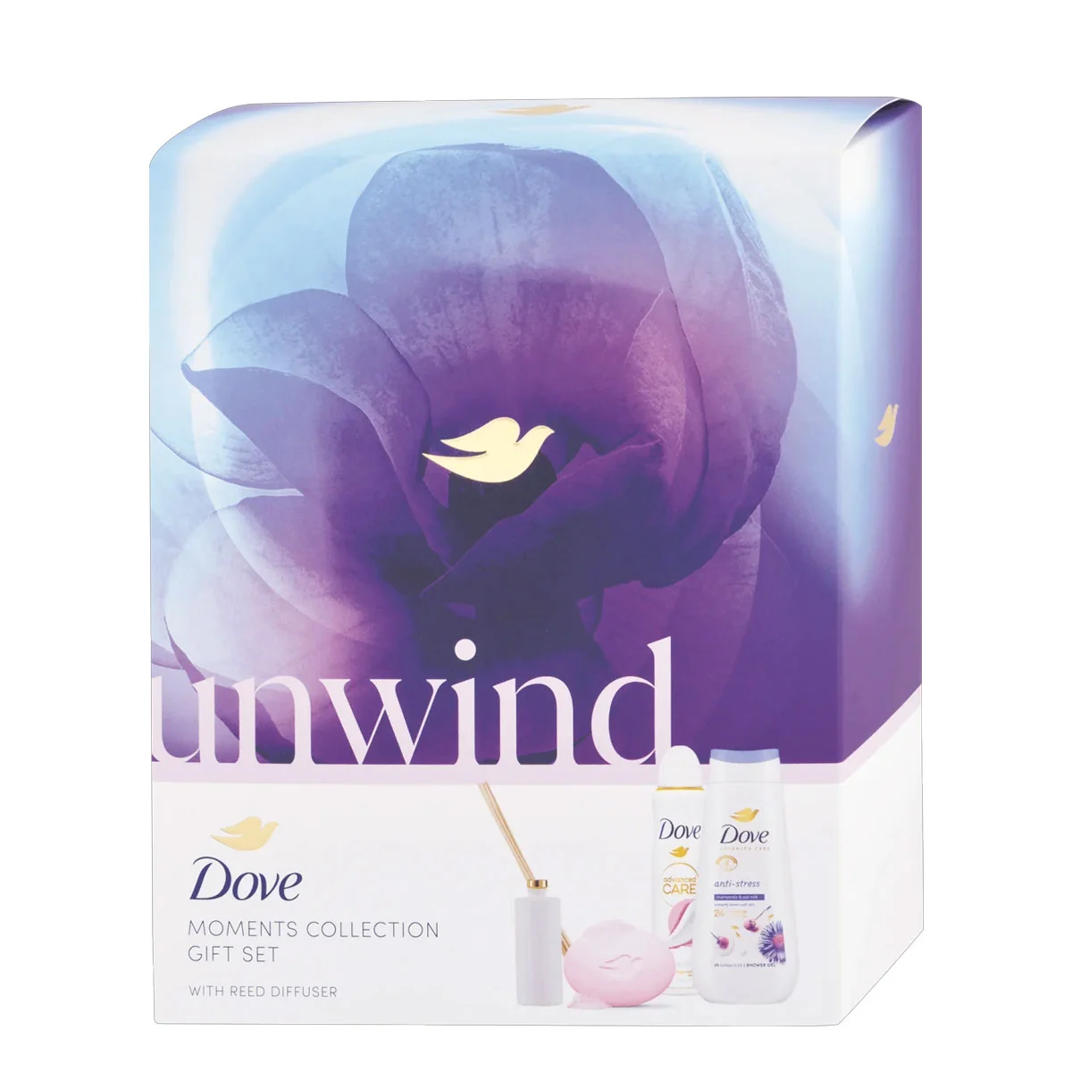 DOVE darčeková kazeta DOVE darčeková kazeta Unwind (Dove sprchový gél Antistress 225ml + deodorant v spreji Soft feel 150ml + krémová tableta Relaxing beauty 90g + vonný difuzér).