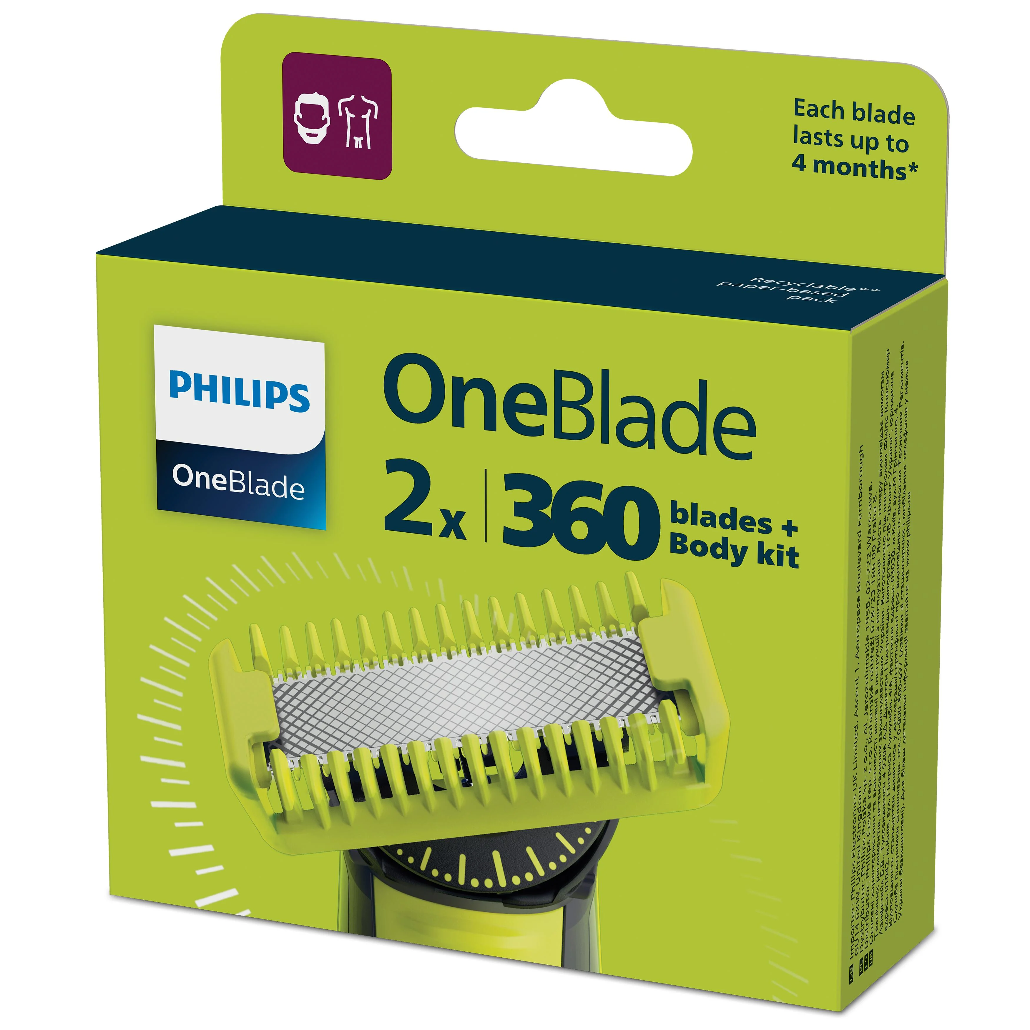 Philips OneBlade QP624/50 Výmenné čepele 360 na tvár a telo + hrebeň na telo a nadstavec na intímne partie 1×1 ks, náhradné čepele