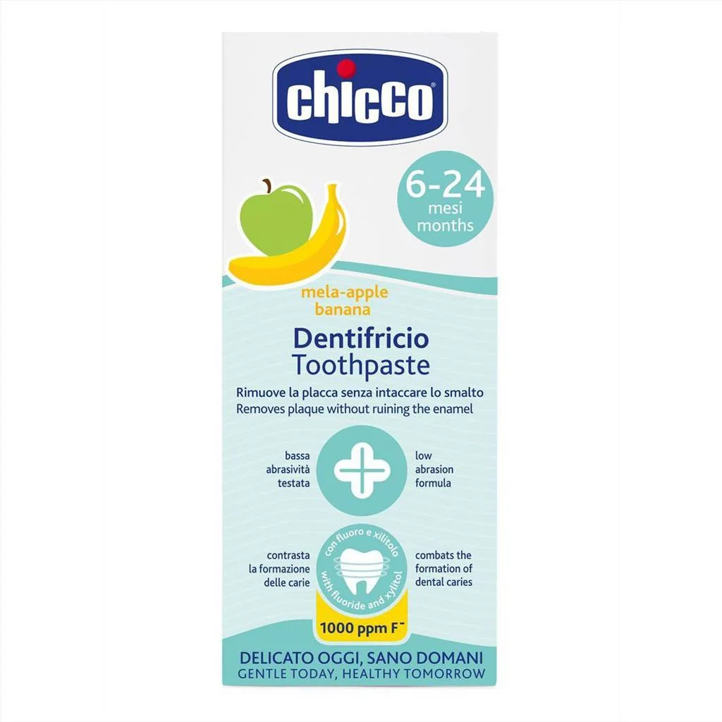 CHICCO Pasta zubná Jablko-banán s fluórom 50ml, 6-24m 1×50 ml, zubná pasta