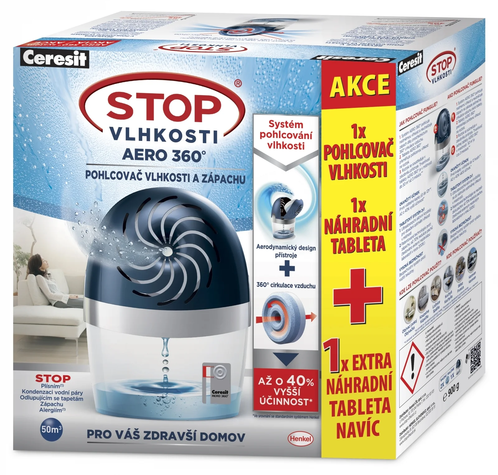 Ceresit 2627082 STOP VLHKOSTI AERO 360° modrý odvlhčovač + tableta naviac, 2x450g 