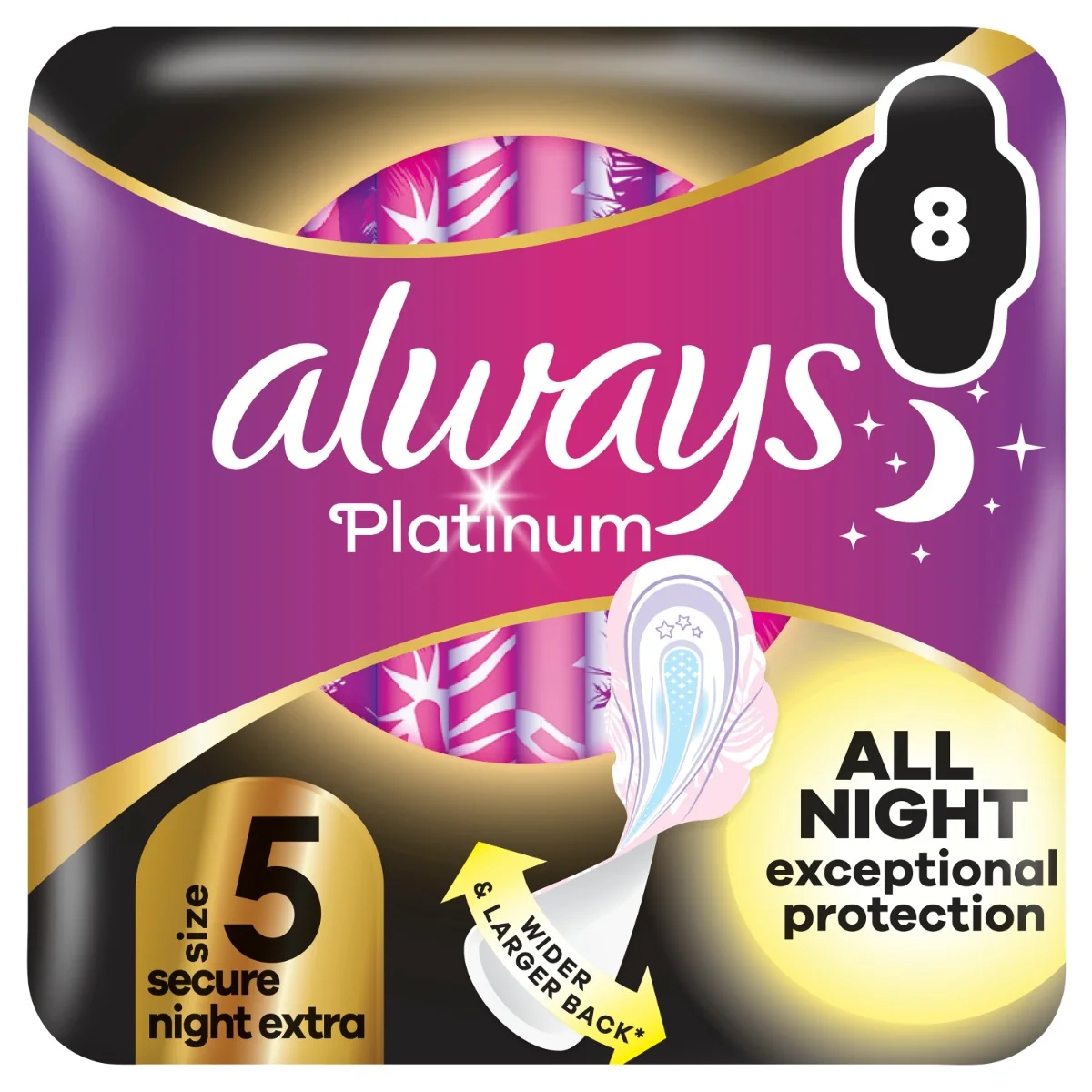 Always Platinum Secure Night Extra hygienické vložky s krídélkami, 8 ks