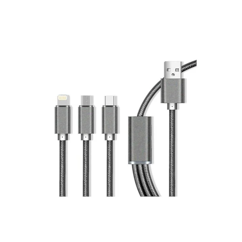 Maxlife Nylonový kábel 3v1 Micro USB / Type-C / for iPhone 8-PIN Fast Charge 2.1A, sivý