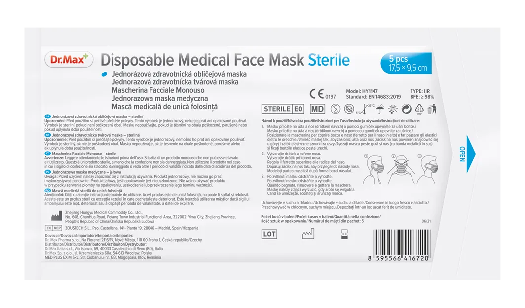 Dr. Max Disposable Medical Face Mask Sterile 1×5 ks, jednorazová sterilná zdravotnícka tvárová maska