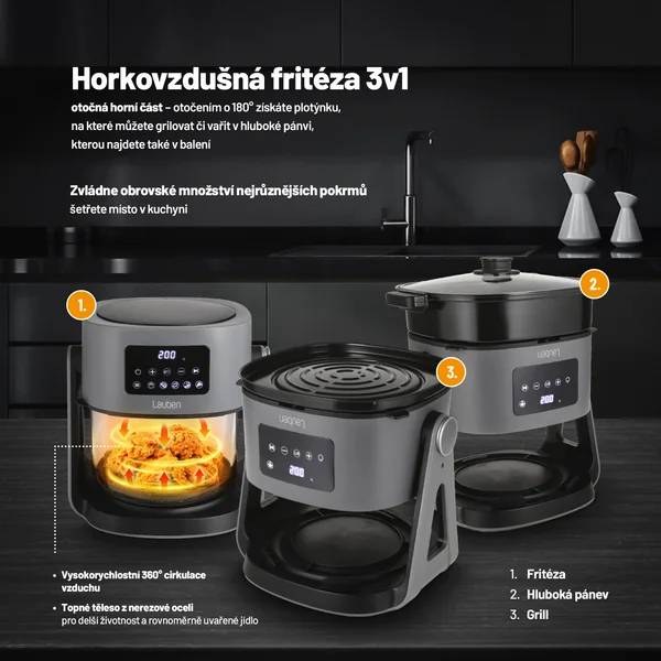 Lauben Glass&Grill Air Fryer 3in1 5500BG 1×1 ks, teplovzdušná fritéza