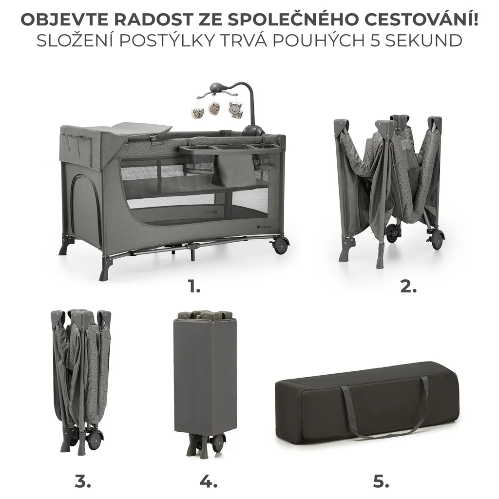 KINDERKRAFT Postieľka cestovná Joy 2 s doplnkami Dark grey 1×1 ks, cestovná postieľka