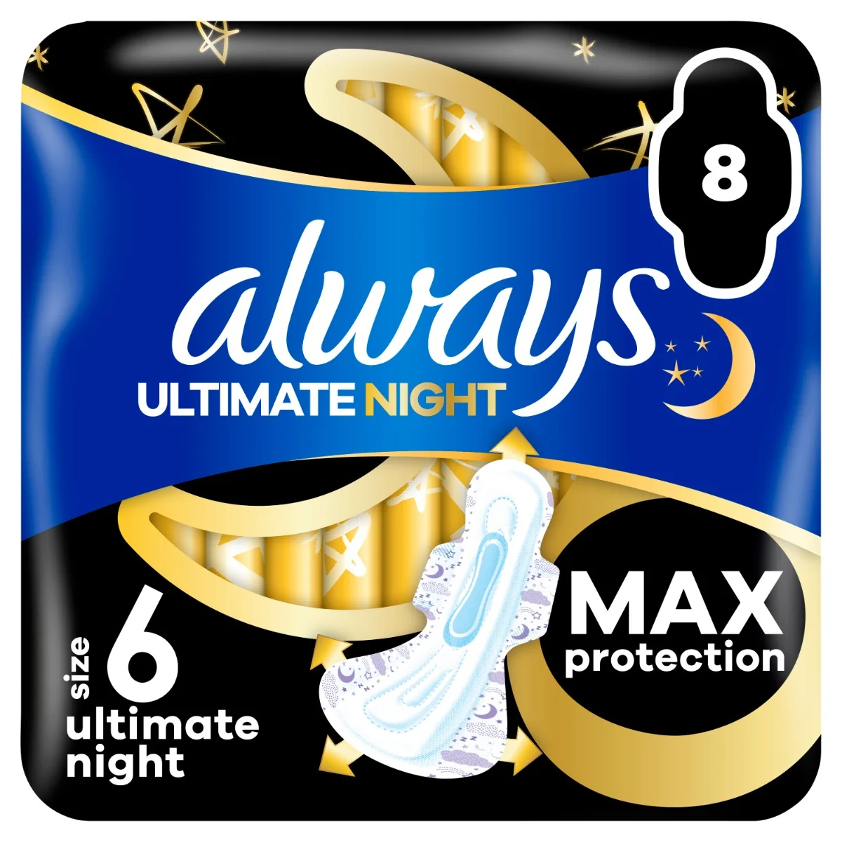 Always Ultimate Night hygienické vložky s krídélkami (Veľkosť 6), 8 ks