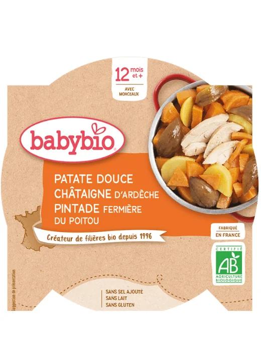 BABYBIO Sladké zemiaky s gaštanovým pyré a farmárskou perličkou (230 g) - mäsovo-zeleninový príkrm