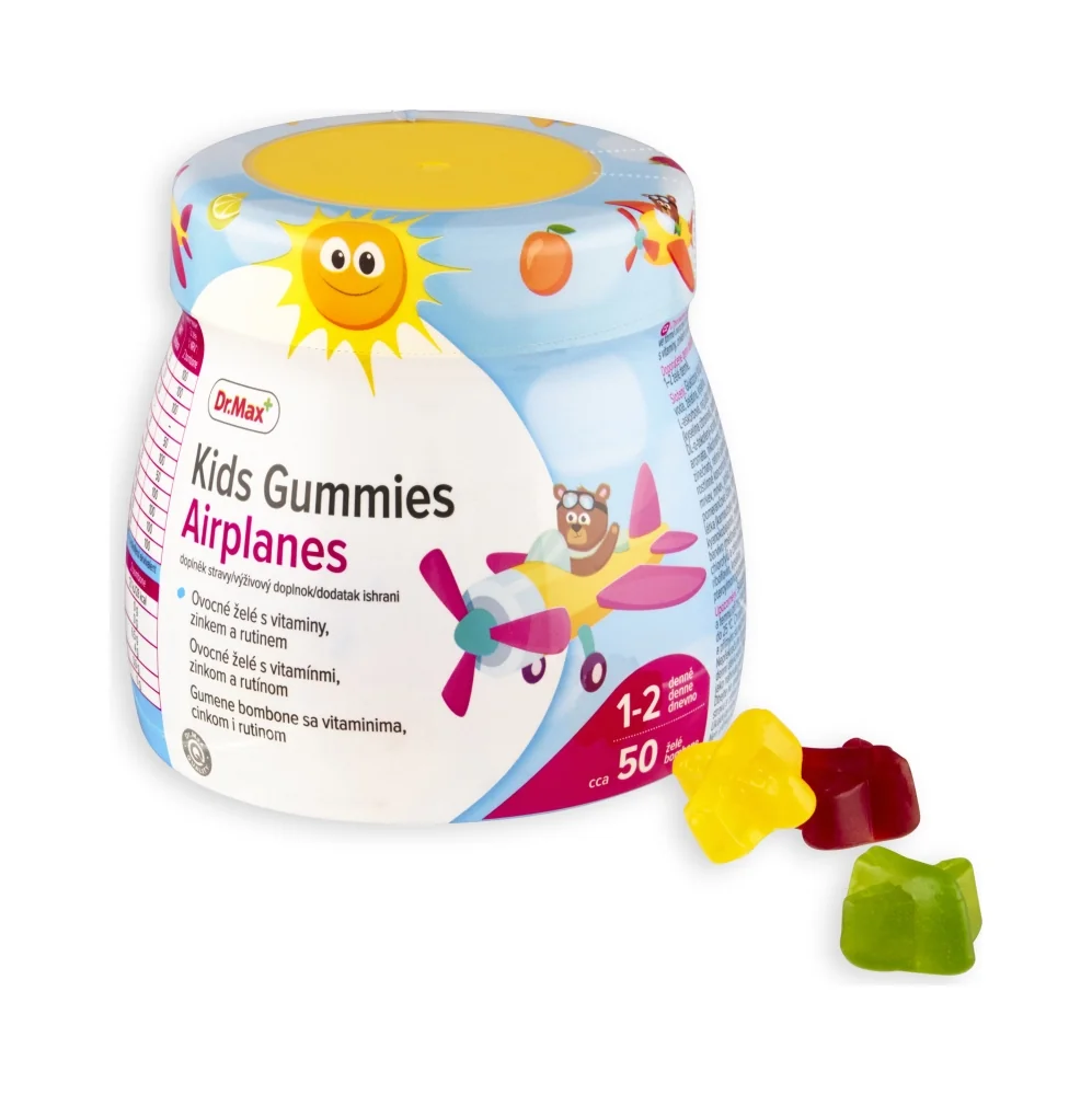 Dr. Max Kids Gummies Airplanes XXL 1×50+ 50 ks, ovocné želé s vitamínmi, zinkom a rutínom