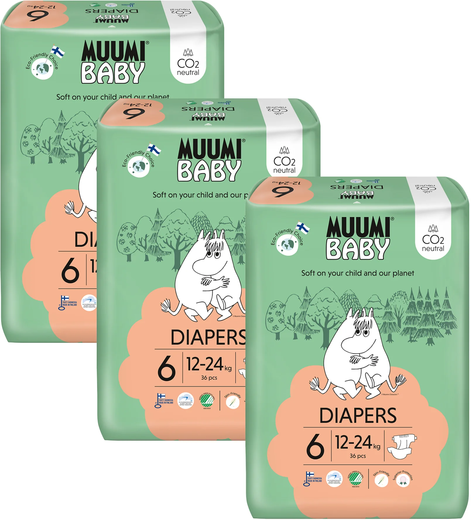 Muumi Baby 6 Junior 12-24 kg, mesačné balenie eko plienok 1×108ks, EKO plienky