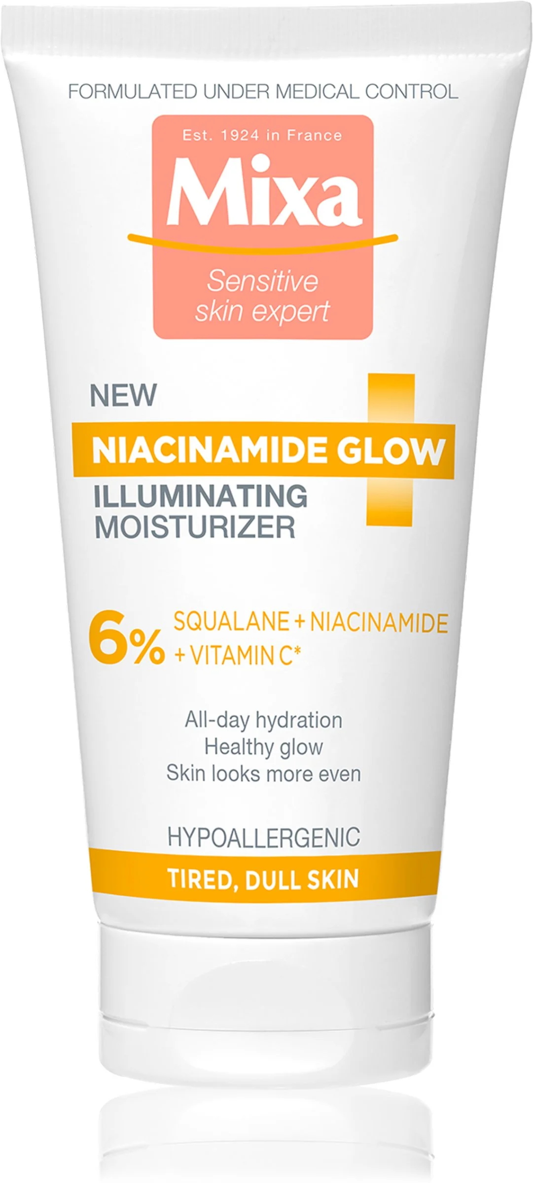 Mixa Niacinamide Glow rozjasňujúci krém poskytujúci 24-hodinovú hydratáciu, 50 ml