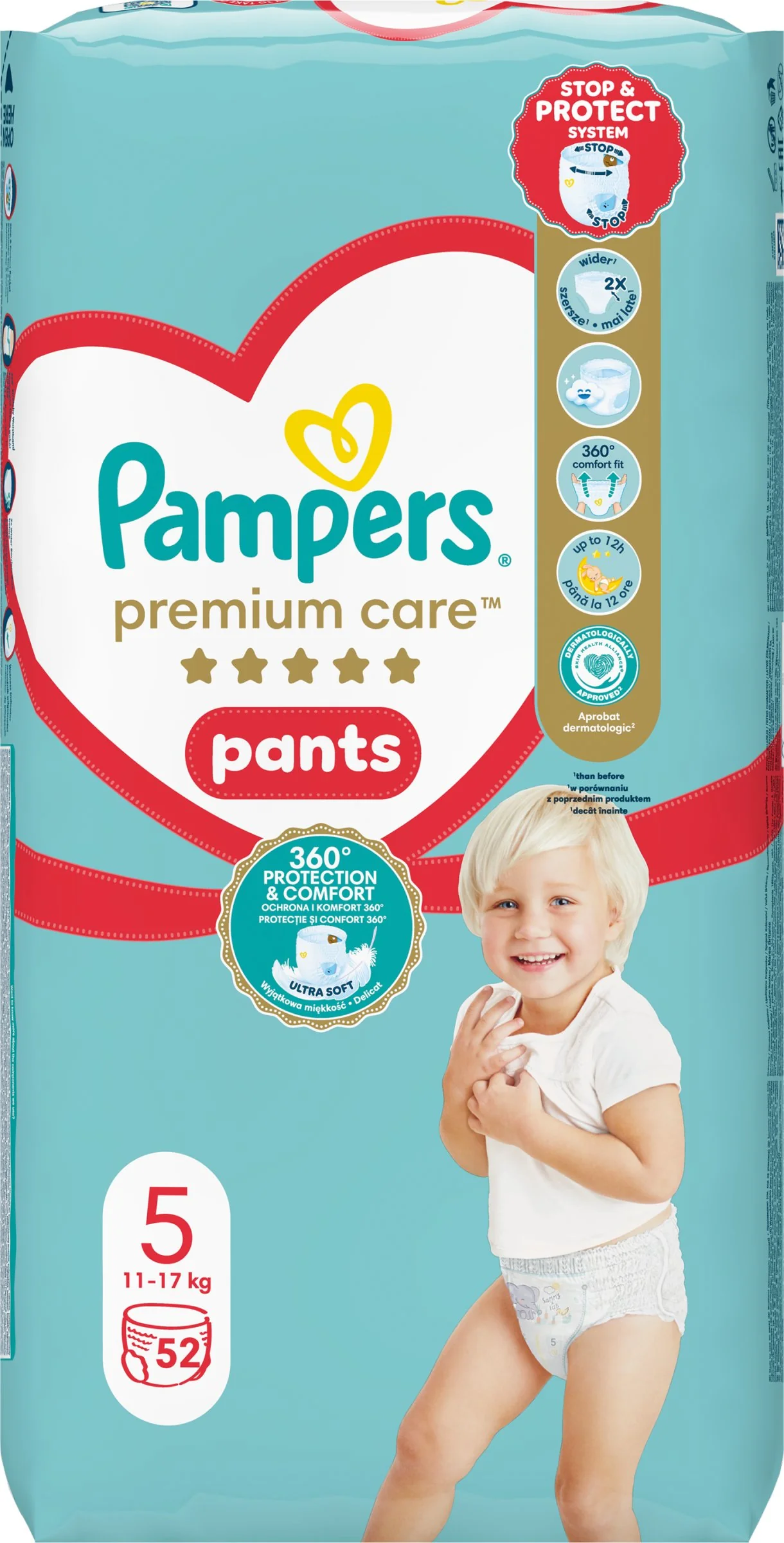 Pampers Premium Care plienkové nohavičky veľkosť 5, 52 ks, 9kg-17kg 1×52 ks, plienkové nohavičky