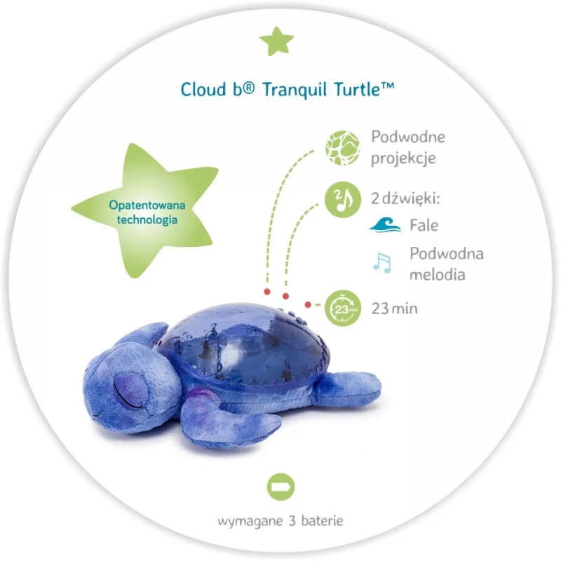 Cloud b® Tranquil Turtle™ - Nočné svetielko s melódiou, Korytnačka, fialová, 0m+ 