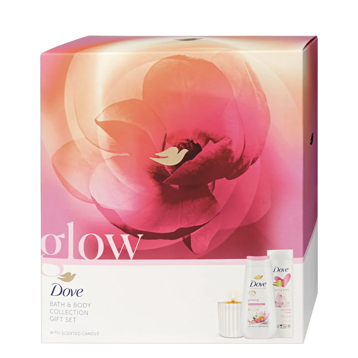 DOVE darčeková kazeta Time to Glow (Dove sprchový gél Glowing 225ml + Dove telové mlieko Glowing Care 250ml + sviečka)