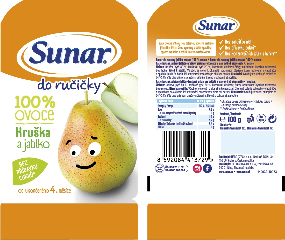 Sunar Do ručičky HRUŠKA a jablko 1×100 g, ovocný príkrm (100% ovocia), 4m+