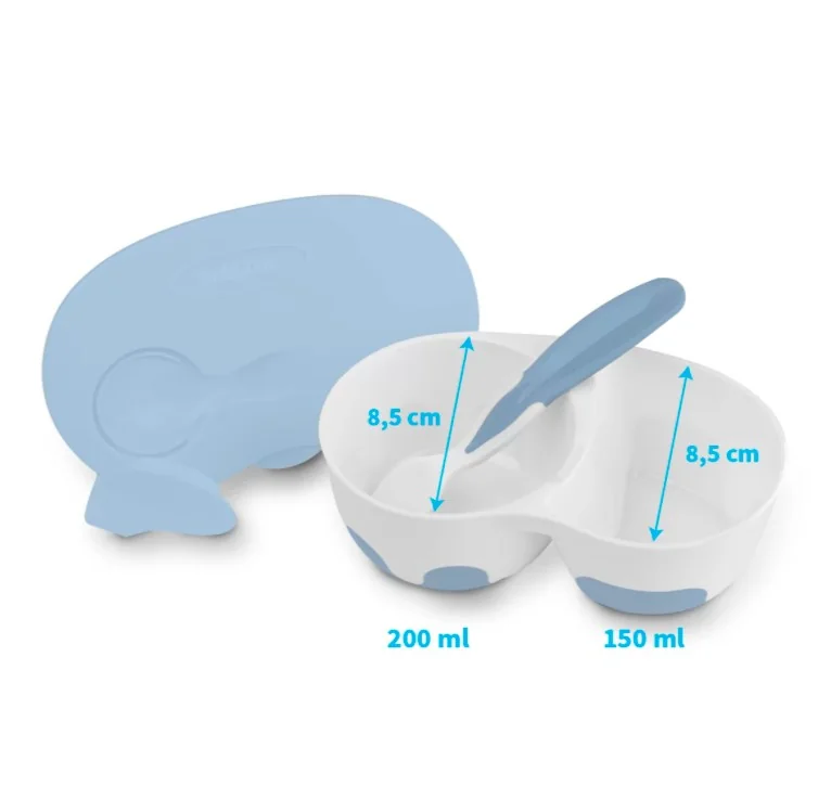 BABYONO Miska 2v1 uzatvárateľná, s lyžičkou 200+150 ml modrá 6m+ 1×200+150 ml