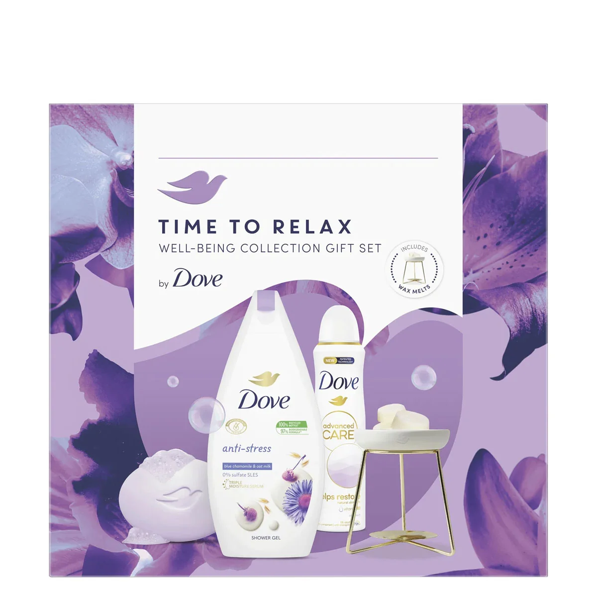 DOVE darčeková kazeta Time to Relax (Dove sprchový gél Anti stress 250ml + Dove deodorant v spreji Clean Touch 150ml + Dove tuhé mydlo Relaxing 90g + vonná lampa)