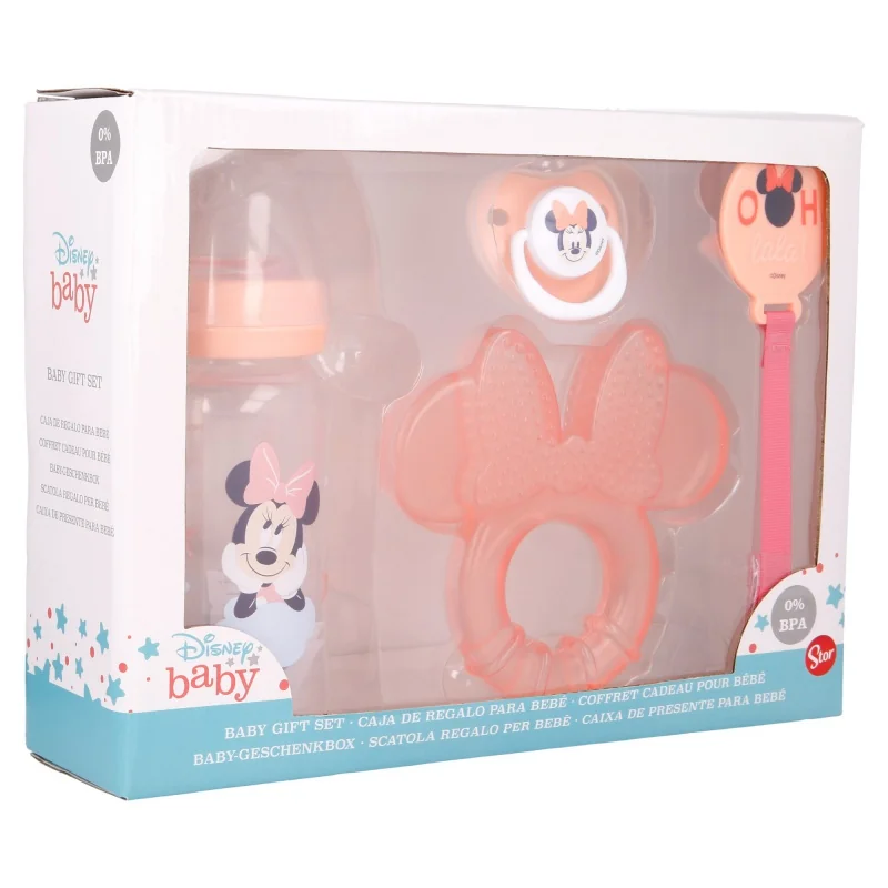 STOR - DISNEY BABY 4 dielny darčekový set  MINNIE MOUSE (fľaša, hryzátko, cumlík a držiak), 13108