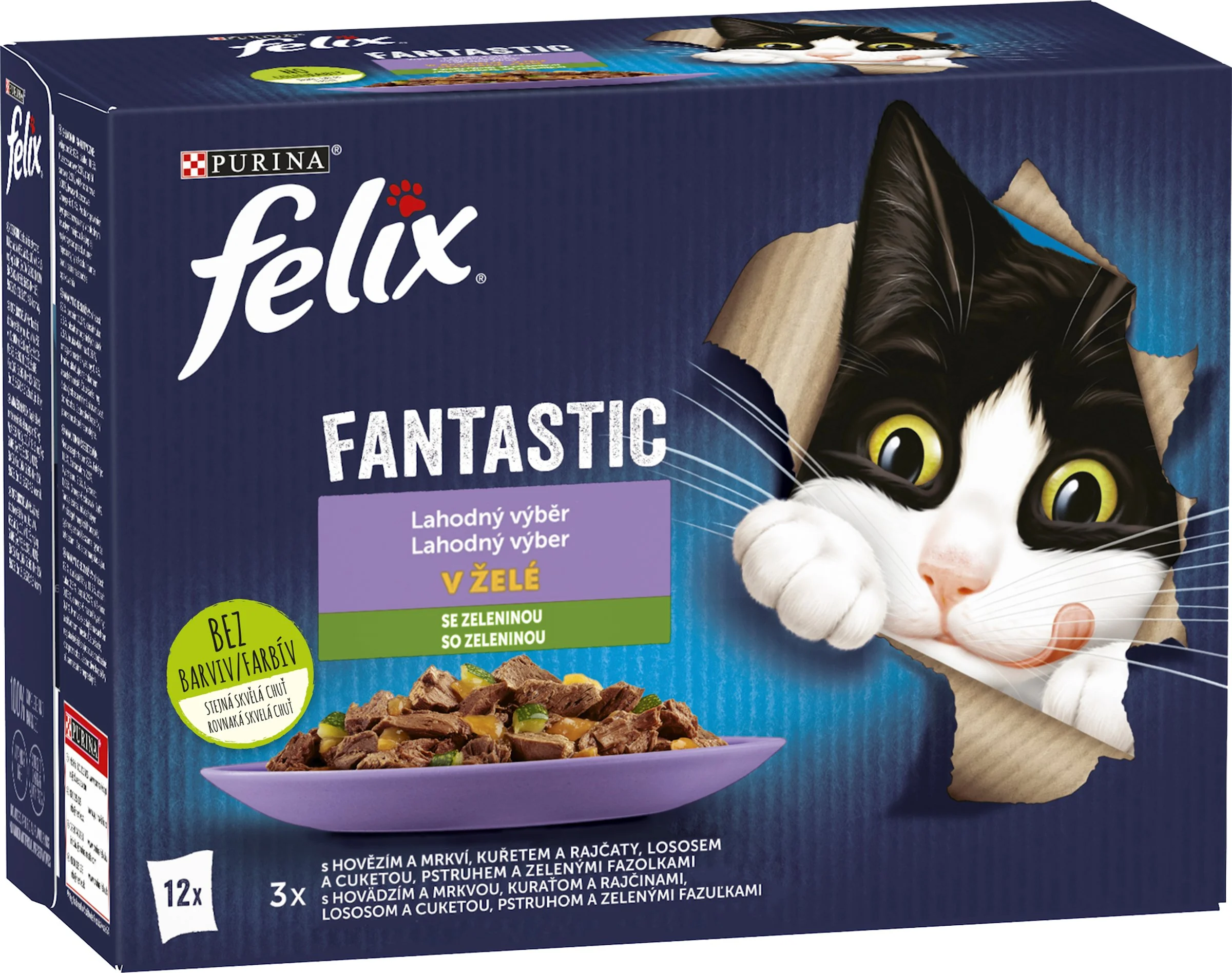 FELIX Fantastic hovädzie s mrkvou/ kura s rajčinami/ losos s cuketou/ pstruh so zel. fazuľ. v želé (12x85g) 12×85g