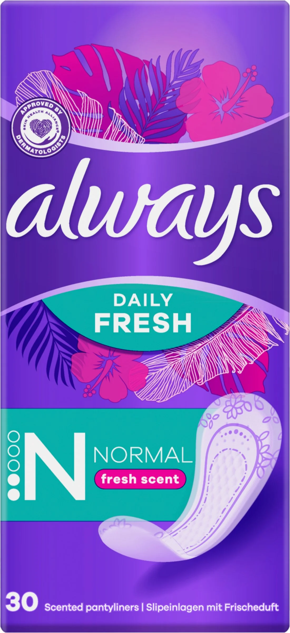 Always Dailies Normal Fresh & Protect So sviežou vôňou Intímky 30 ks, Priedušné, Flexibilné A Pohodlné S Absorpčným Jadrom