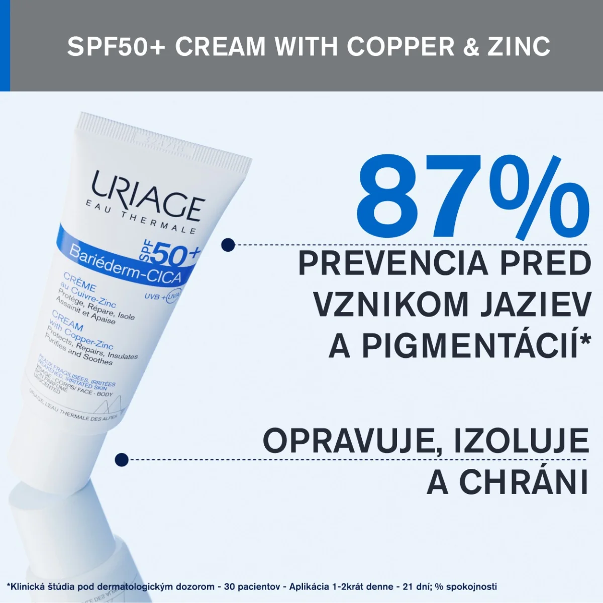 URIAGE BARIÉDERM CICA Cream with Copper-Zinc SPF50+, 40ml 1×40 ml, regeneračný krém s meďou a zinkom a SPF50