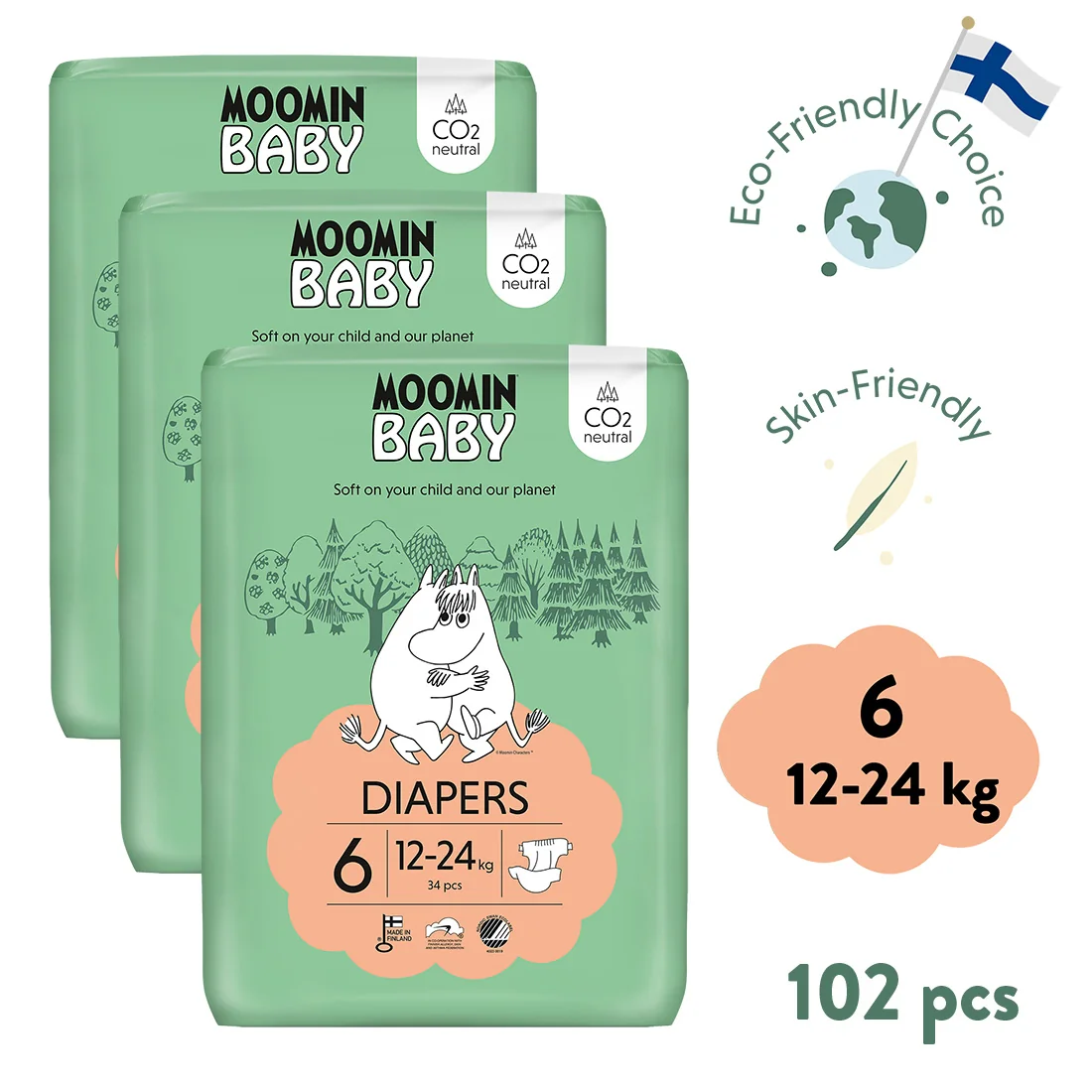 Moomin Baby 6 Maxi 12–24 kg, mesačné balenie eko plienok 1×102 ks, eko plienky