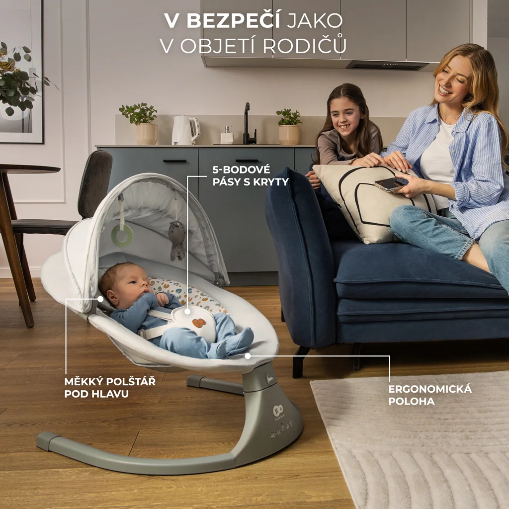 KINDERKRAFT Lehátko pohupujúce s melódiou 2v1 Lumi, do 9 kg, Premium Light Grey 1×1 ks, lehátko