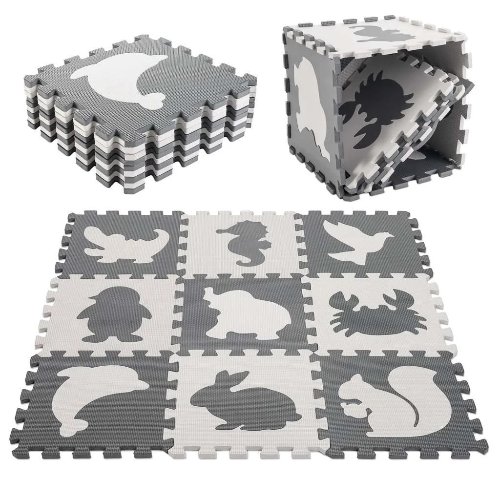 Penová Puzzle Podložka pre Deti - Detská Penová Puzzle Podložka, 9 Kusov, Black-Ecru