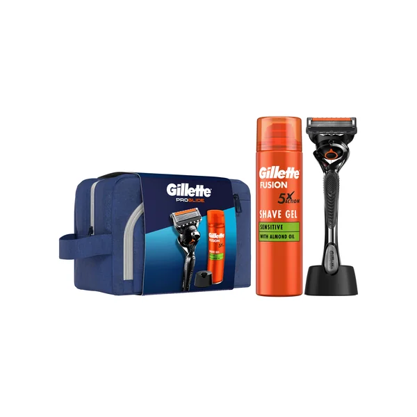 Gillette Cestovná Súprava ProGlide Holiaci Strojček + Fusion Gél Na Holenie 200 ml + stojan 1×1 ks, darčeková sada