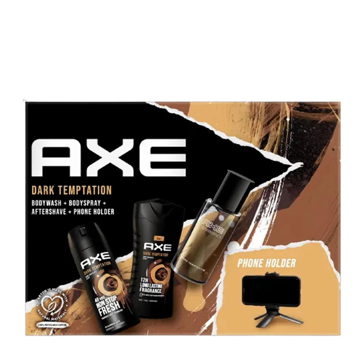 AXE darčeková kazeta Dark Temptation (AXE sprchový gél Dark Temptation 250ml + AXE deodorant v spreji Dark Temptation 150ml + AXE voda po holení Dark Temptation 100ml + držiak na mobil)