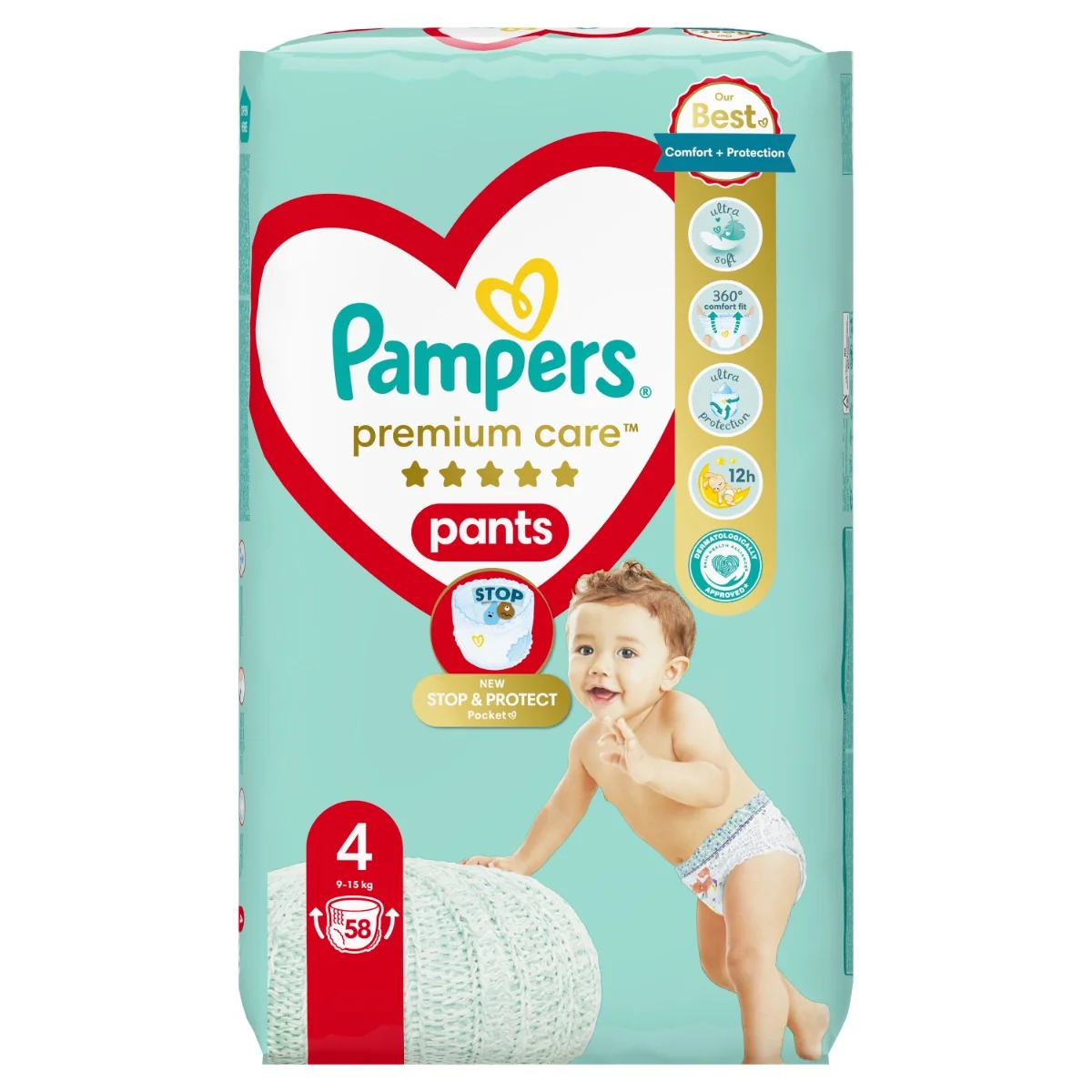 Pampers Premium Care plienkové nohavičky veľkosť 4, 58 ks, 9kg-15kg 1×58 ks, plienkové nohavičky