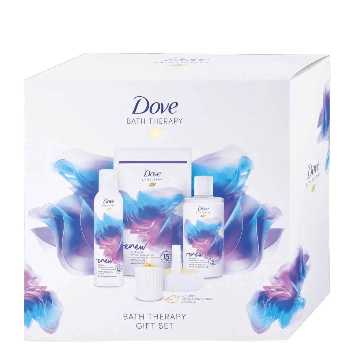 DOVE darčeková kazeta Bath Therapy (Dove sprchový gél Bath Therapy 400ml + sprchová pena Bath Therapy 200ml + soľ do kúpeľa Bath Therapy 400g + vonná sviečka + masážna špongia)