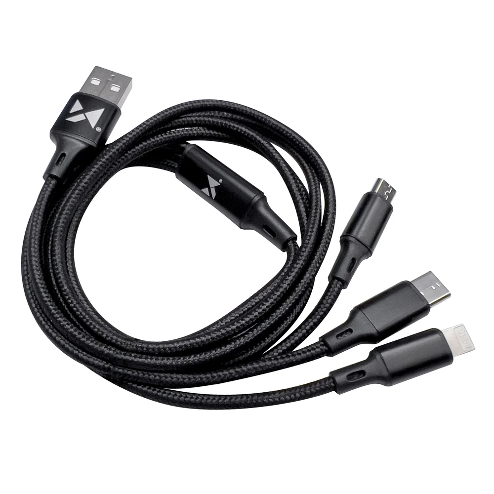 MG 3in1 kábel USB - USB-C/ Micro USB / Lightning 2.8A 1.25m, čierny 