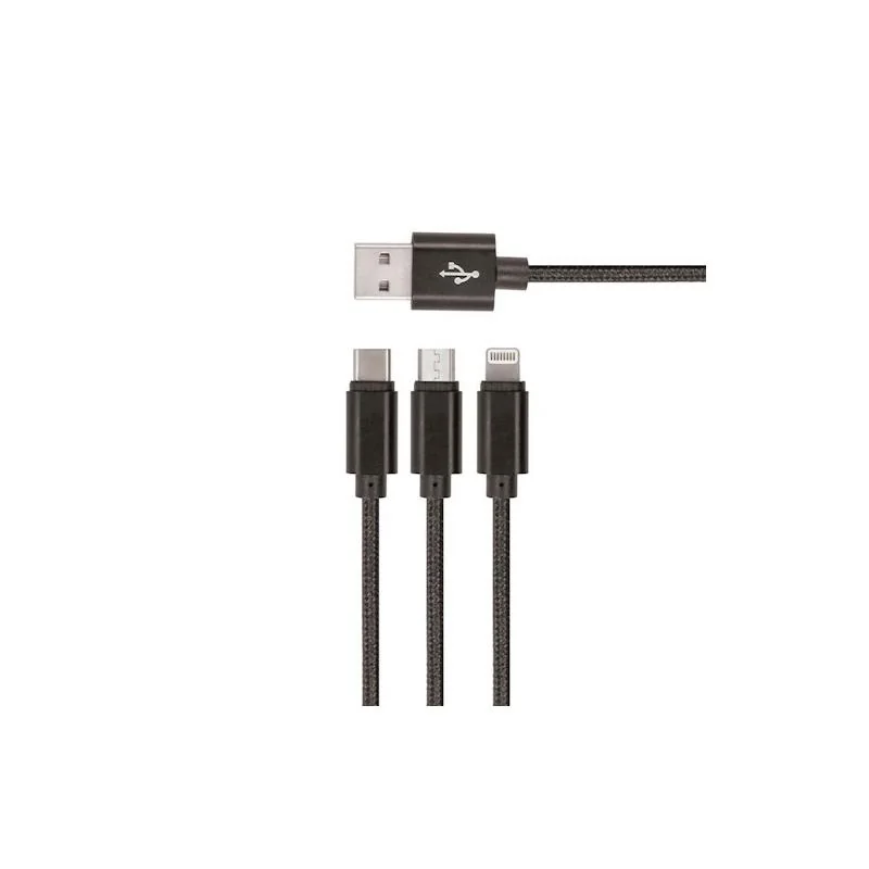 SETTY nylonový USB kábel 3v1 microUSB, Lightning, Type-C 1m (GSM043225) čierna 