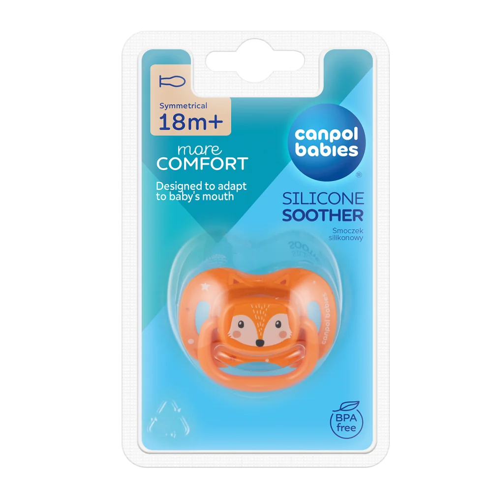 Canpol babies Cumlík silikónový symetrický CUTE ANIMALS 18m+ oranžový 1×1 ks, silikónový cumlík