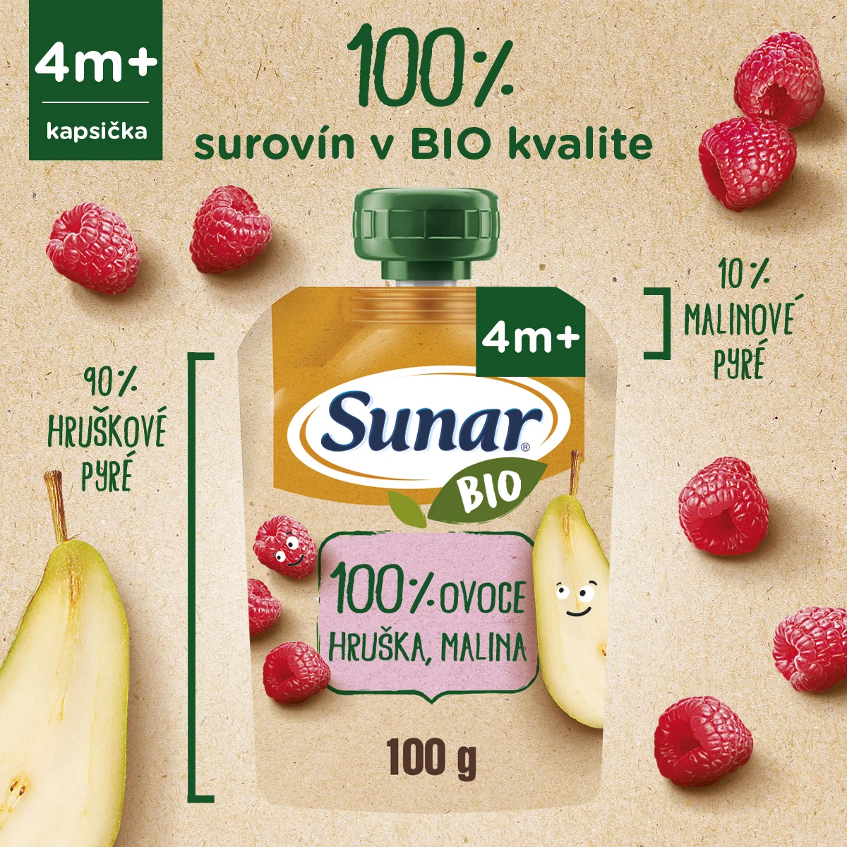 Sunar BIO Kapsička Hruška, malina 1×100 g, ovocný príkrm (100% ovocia), 4m+