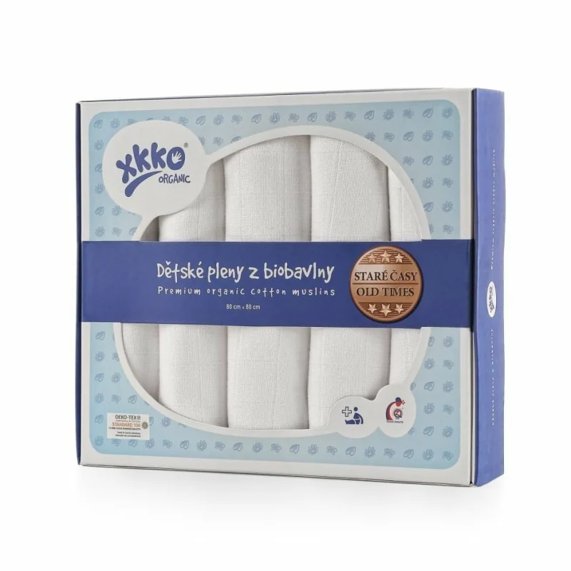 XKKO Organic Staré časy - Plienky z biobavlny - Biele, 80x80 CTN080020